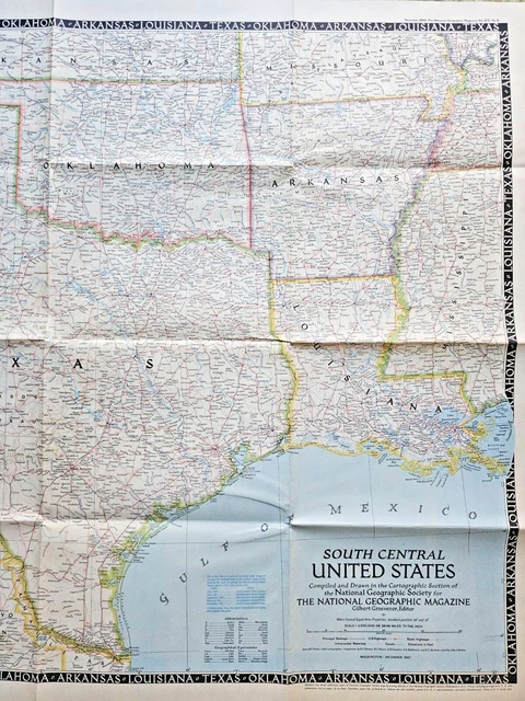 NATIONAL GEOGRAPHIC WALL Map South Central United States Texas 1940s