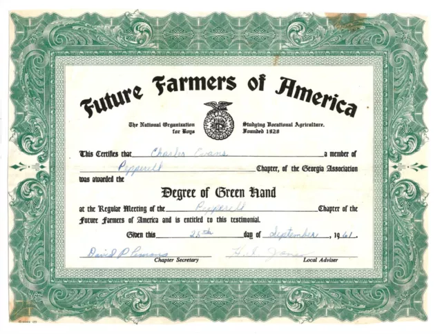 Vintage Future Farmers of America Certificate, Pepperell Georgia, Degree Green