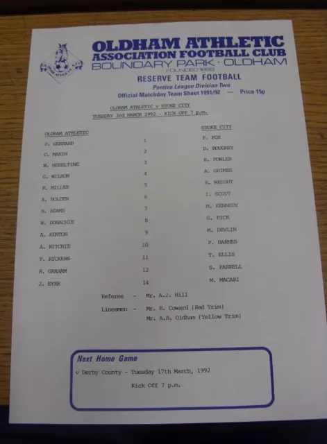 03/03/1992 Oldham Athletic Reserves v Stoke City Reserves  (Single Sheet).  We a