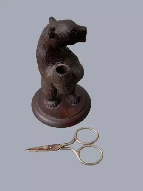 Vintage carved wood Black Forest BEAR Scissor or Pen HOLDER Standing 4.5" 2