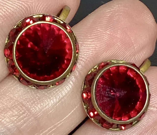 Stunning! Antique AUSTRIA Signed Ruby Red Glass Rhinestone Crystal Screw back Ea