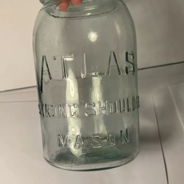 Antique Embossed Glass Atlas Strong Shoulder Mason Jar