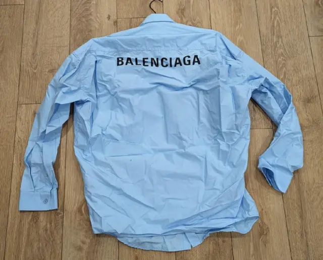 $1350 Mens BALENCIAGA Logo Back Oversized LS Button Up Shirt Light Blue 3 Large