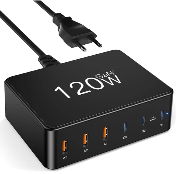 USB C, 120W GaN 6-Port Caricabatterie USB C Rapido, Stazione di Ricarica USB C