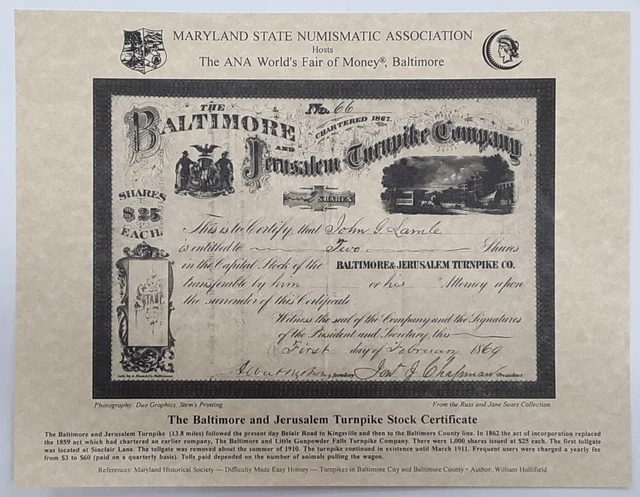 MSNA SC 2008 ANA Baltimore & Jerusalem Turnpike $25 Stock Cert - See Photos