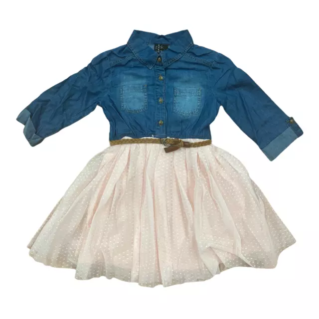 Pink & Violet Girls Denim Chambray Bodice 3/4 Sleeve Tulle Tutu Dress with Belt