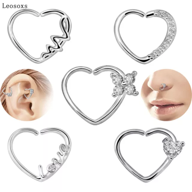 1 Pair Heart Zircon Nose Ring Piercing Hoop Earring Helix Cartilage Tragus Daith