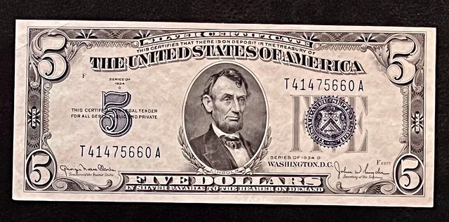 1934-D $5.00 Us Silver Certificate, Blue Seal, Crisp-Uncirculated-T41475660A