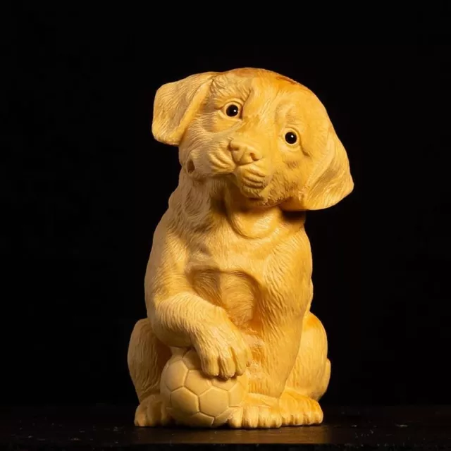 Wooden 2.36" Hand Carved Soccer Puppy Statue Figurine Sculpture Home Decor Gift