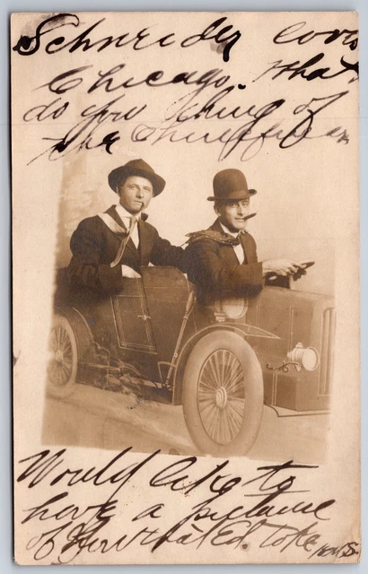 CHICAGO ILLINOIS~MEN W/ Ties Blowing~Vintage Car Studio Shot~Chauffeur