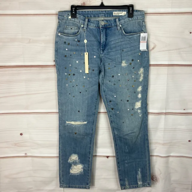 BlankNYC Jeans Womens 28 Crop Girlfriend Studded Distressed Mid Rise Medium Wash