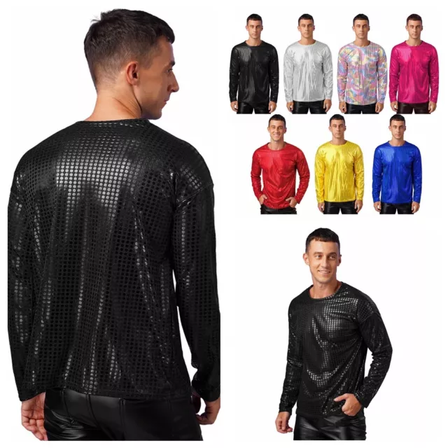 Mens 70s Disco Rave Sequins Sweatshirt Long Sleeve Tank T-shirt Blouse Top Tee