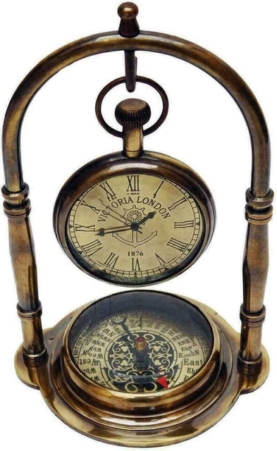 Nautical Table Clock with Base Compass Brass Maritime Watch Vintage Collectible