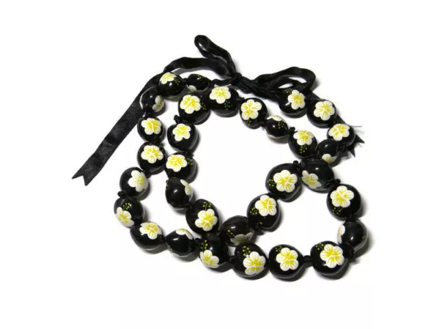 Hawaii Wedding Luau Kukui Nut Lei Necklace BLACK Yellow Hibiscus