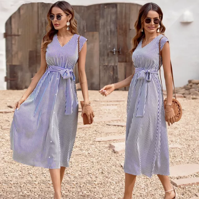 Ladies V-Neck Swing Midi Dress Sundress Women Blue Stripe Sleeveless Beach Dress