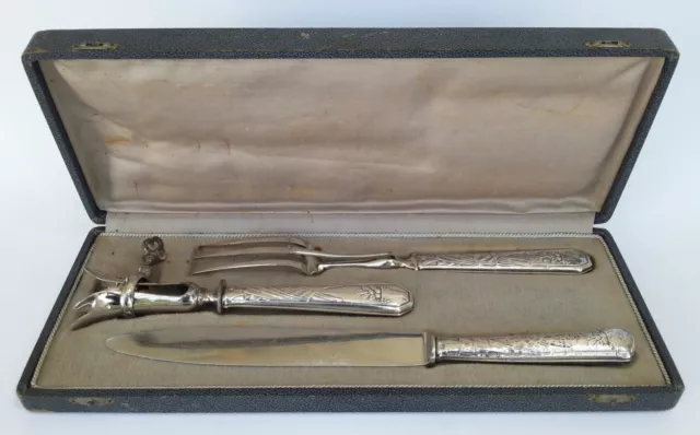 Ancien SERVICE A DECOUPER GIGOT Manches ARGENT Orfèvre BROSSE & Cie dans COFFRET