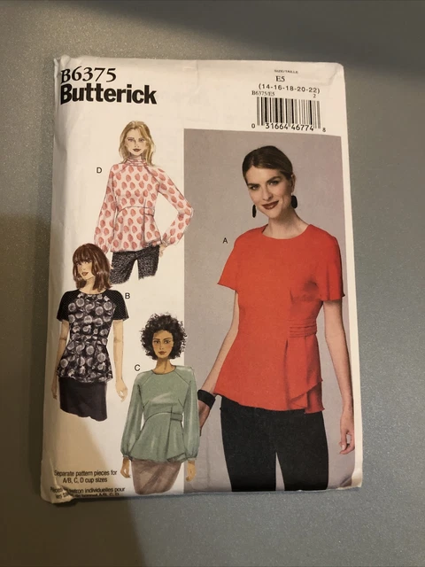 E5 BUTTERICK SEWING PATTERN B6375 MISSES BLOUSE RAGLAN SLEEVE Sz 14-22 UNCUT