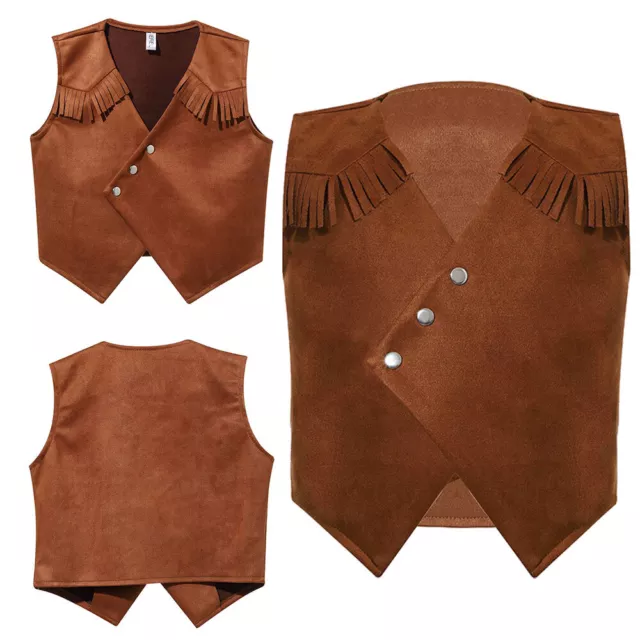 Kids Pointed Hem Boys Press Buttons Vest Western Cowboy Costume Fringe Tassels 2