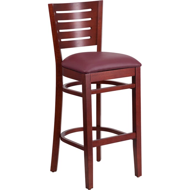 Darby Series Slat Back Mahogany Wood Restaurant Barstool - Burgundy Vinyl Seat