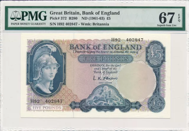 Bank of England Great Britain  5 Pounds ND(1961-63)  PMG  67EPQ