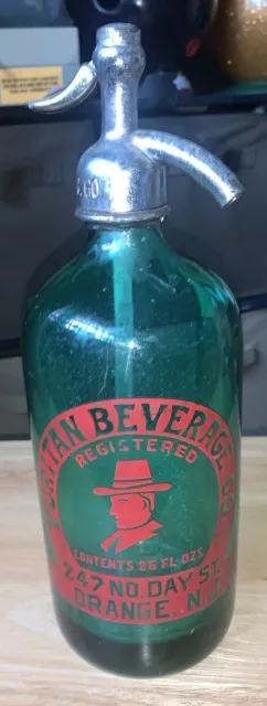 Vintage GREEN GLASS 26 Oz.  SELTZER BOTTLE PURITAN BEVERAGES ORANGE N.J.