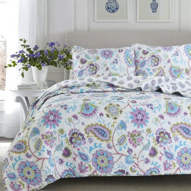 New! ~ Cozy Chic Tropical Purple Green Lavender Lilac Soft Aqua Blue Quilt Set