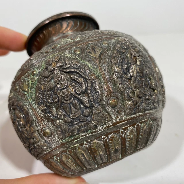 Antique Hindu Copper & Silverplated Repousse Hammed Vase