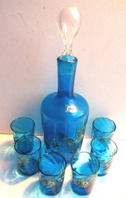 Service à liqueur Napoléon III, carafe + 6 verres bleu-nuit émaillés Legras