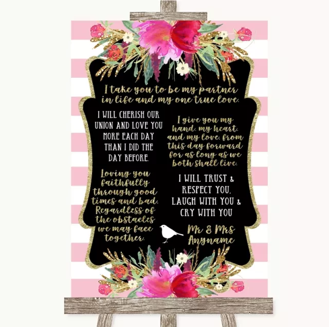 Gold & Pink Stripes Romantic Vows Personalised Wedding Sign