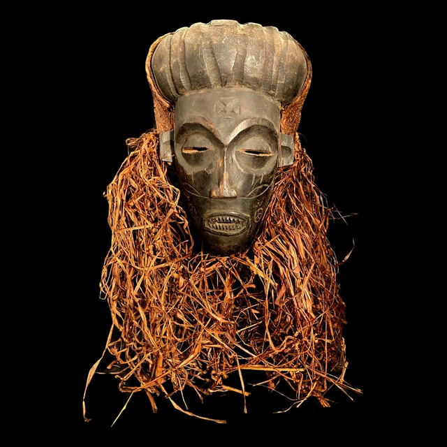 Hand Carved Mask from the Congo with Dried Grass Hair- 8-1/2"H