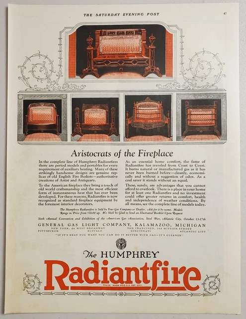 1924 Print Ad The Humphrey Radiantfire Fireplace General Gas Kalamazoo,MI