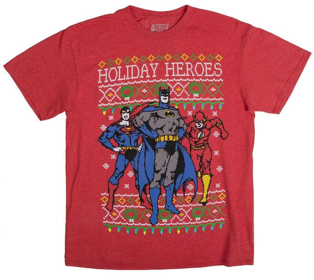 Superman Batman Shirt Christmas Holiday Heroes DC Comics Men's Size Small-XXL
