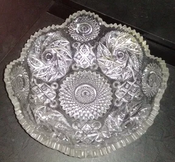 American Brilliant Vintage Cut Glass Bowl Diamond Flower Pattern 8" In Diameter 