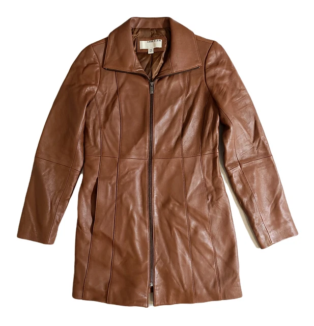Anne Klein Cognac Brown Leather Jacket Petite Small PS Moto
