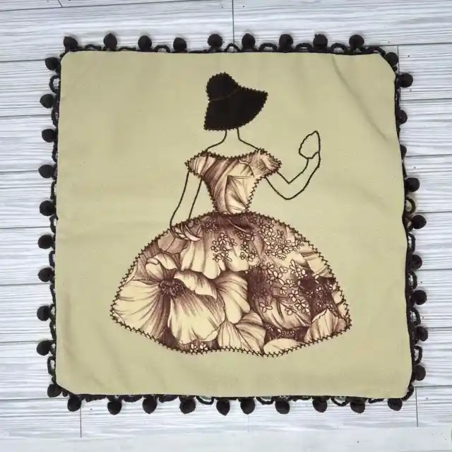 Vintage Pillow Cover Woman in Bonnet Stitched Patchwork Pom Fringed 17 x 17