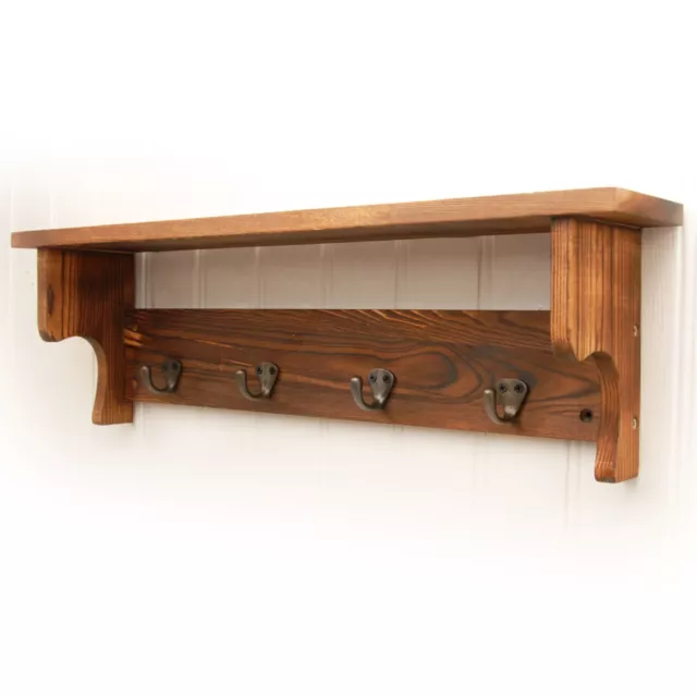 Vintage Rustic Brown Wooden Wall Coat Rack With Shelf & Metal Cast Iron Hooks