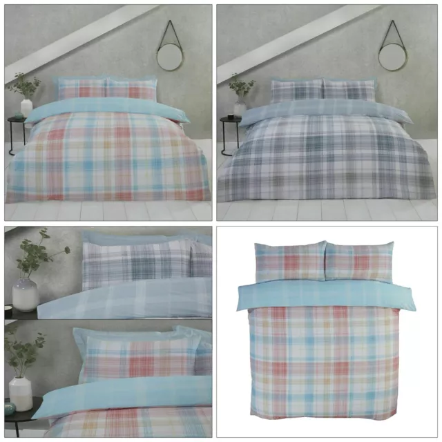 Checked Stripe Reversible Duvet Quilt Cover Bed Bedding Set Red Blue Grey White