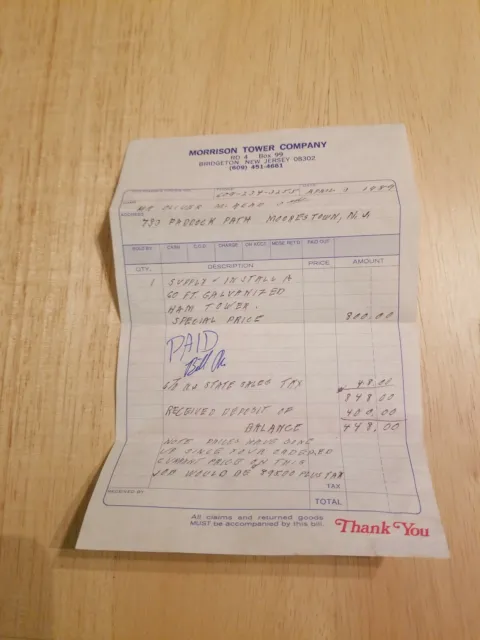 Vintage Morrison Tower Company Bridgeton New Jersey receipt Moorestown ephemera