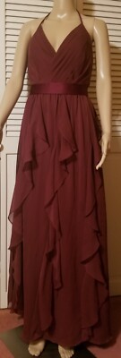 Vera Wang White Collection Flowy Belted Halter Maxi Dress Sleeveless Red Wine 8