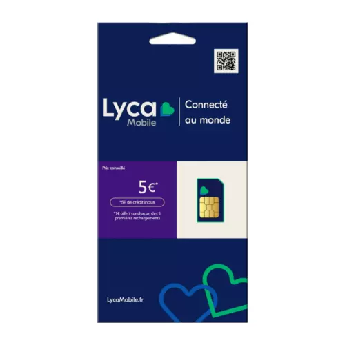 Carte SIM prépayée LYCA Mobile sans engagement + 5€ de crédit.
