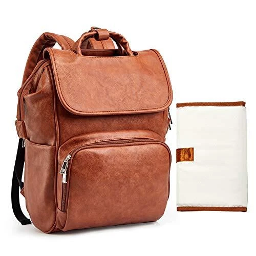 Leather Diaper Bag Backpack, Baby Diaper Bag with Changing Pad & 2 Insulated ...