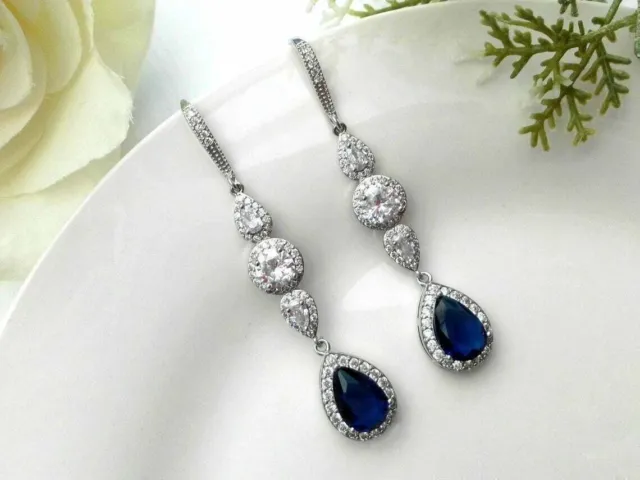 3CTLab Created Sapphire Women's Wedding Drop/Dangle Earring 14kWhite Gold Plated