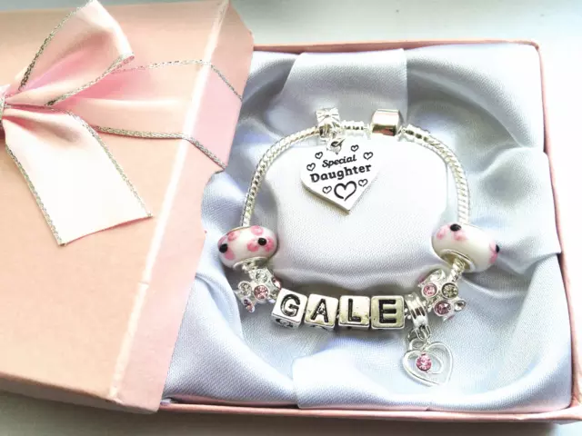 Personalised ANY NAME childrens girls wedding  pink silver charm bracelet gift