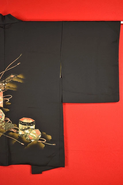 Vintage Japanese Kimono Silk Antique BORO Black HAORI Kusakizome Dyed/A406/505 2