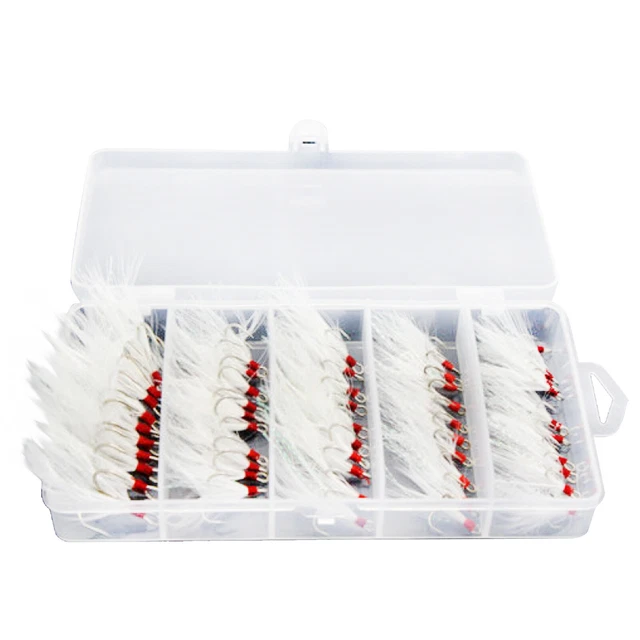 50pcs Tackle 2X Strong Fishing Treble Hooks White Feather Dressed 2/4/6/8/10#