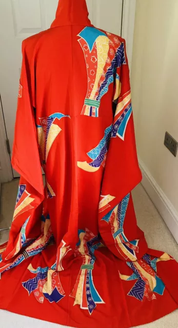 Kimono matrimonio vintage giapponese rosso scarlatto ""Nastri Noshi luminosi"" Furisode M/L