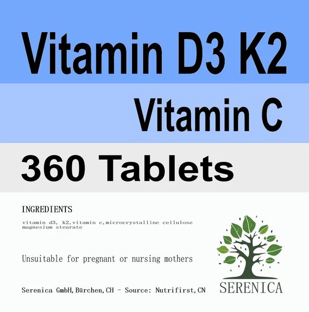 Vitamin D3 K2 1000 IU Vitamin C Healthy Bones Teeth x 360 Tablets