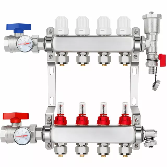 4-Loop /Branch Radiant Floor Heating Manifold 304 Stainless Steel for 1/2" PEX