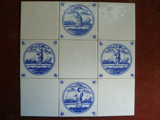 Job Lot of 9 Mixed PILKIGTON Delft Antique Style Blue & White Tiles