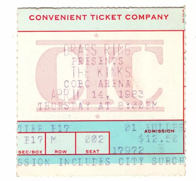 THE KINKS April 14 1982 COBO ARENA Detroit VINTAGE Original CONCERT TICKET STUB